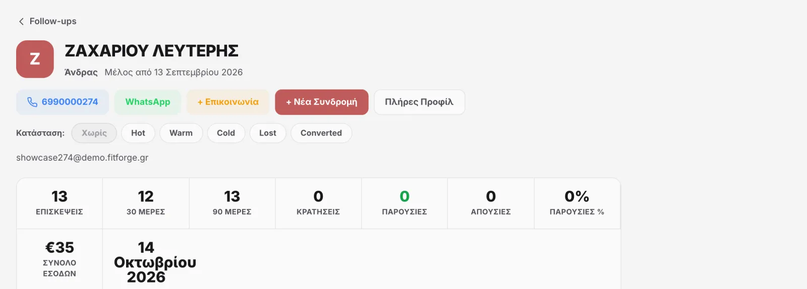 Καρτέλα follow-up μέλους με κλήση, WhatsApp, κατάσταση και στατιστικά επισκέψεων